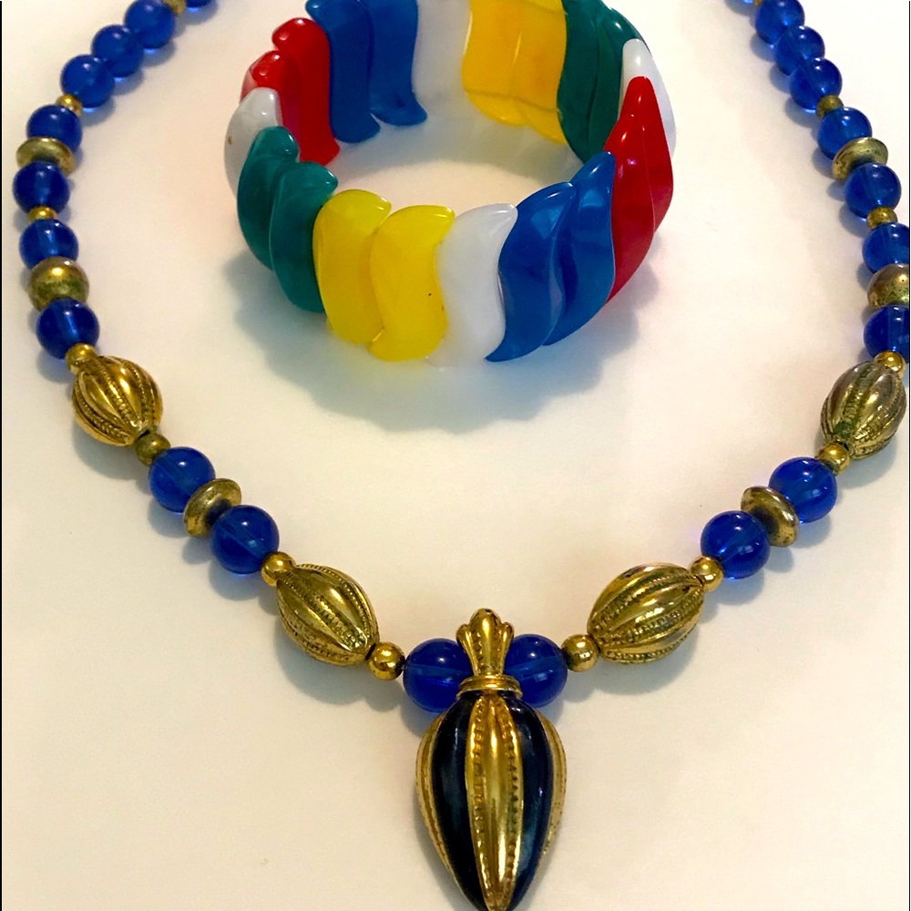 Vintage Multi-Color Lucite Bracelet,Blue Necklace